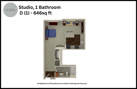 a floor plan of a studio unit with a bathroom and a closet